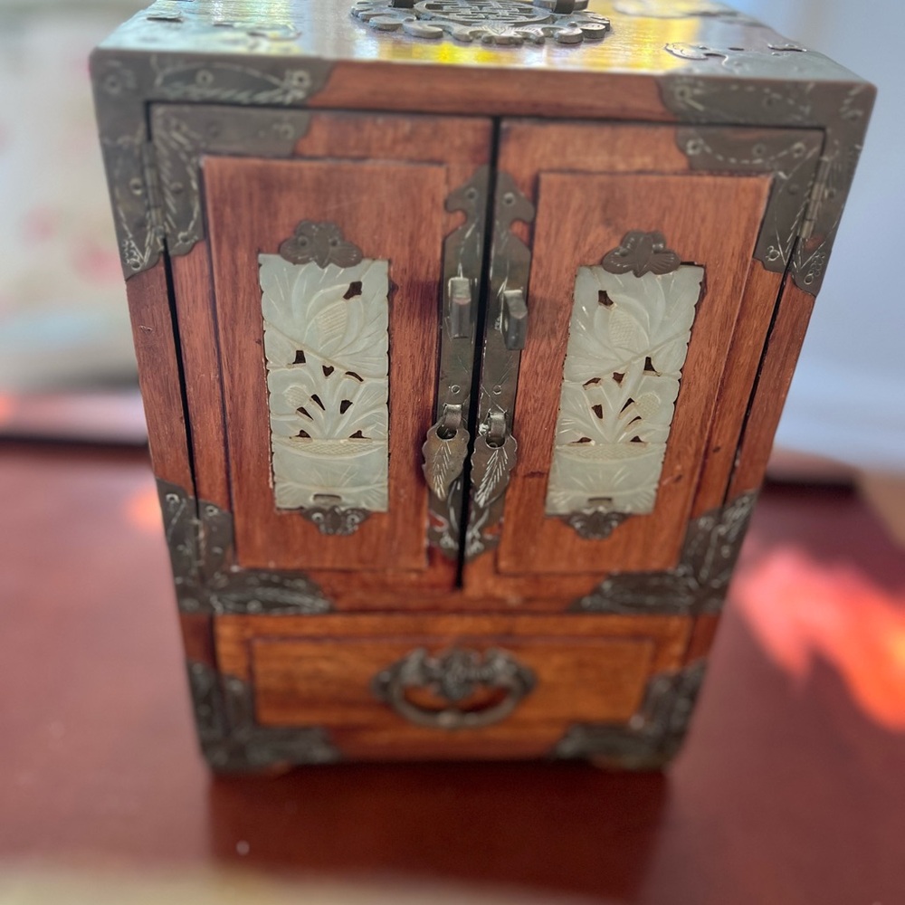 Wooden Jewelry Box with Metal Accents. Vintage Chinese